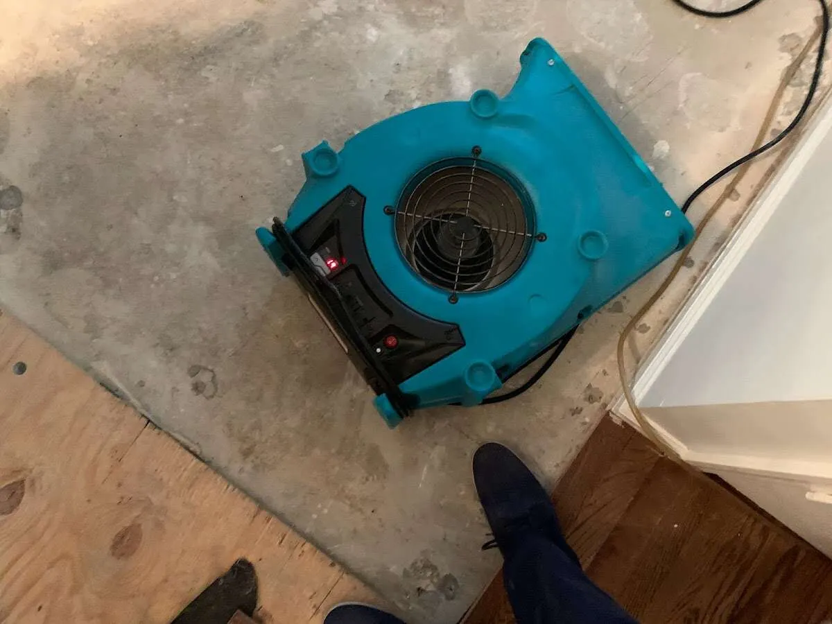 Air mover drying subfloor during Leak Detection & Repair in Kihei